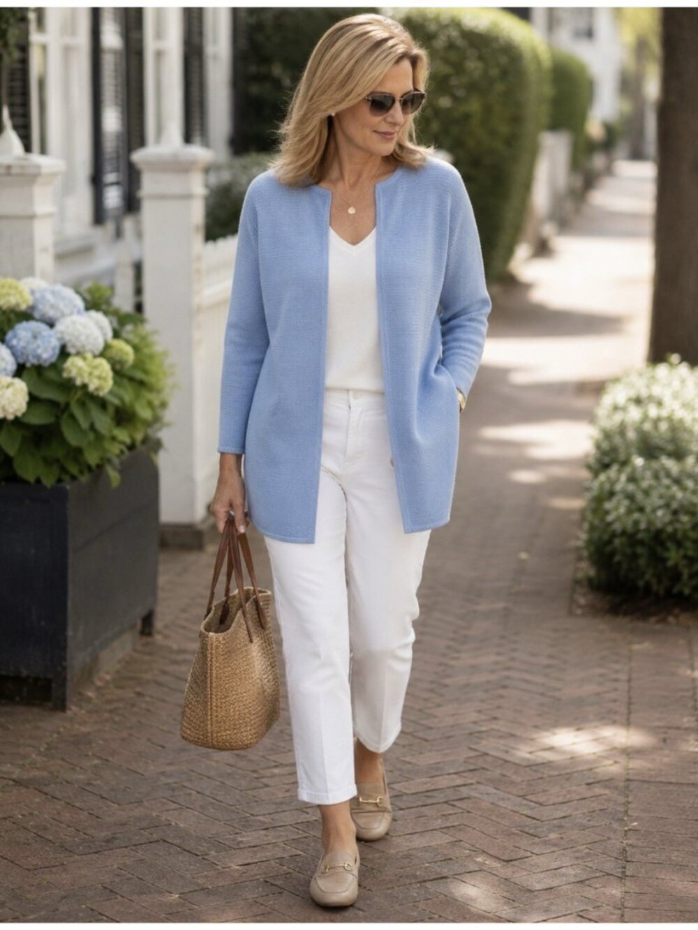 Talbots Cardigan Blue Open Front Duster Cotton Blend Womens New Long
